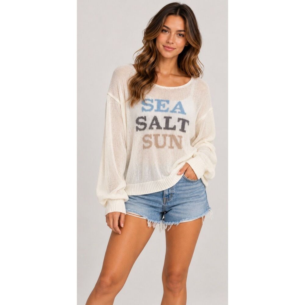 Gilli Round Neck Long Sleeve Knit "Sea Salt Sun" Sz S Cream